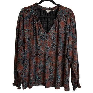 Fat Face Popover Blouse Sz 18 Abstract Long Sleeves Ruffle V-Neck Smocked Cuffs